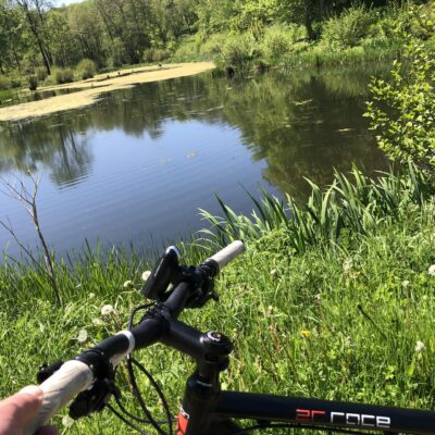 Cykel som står foran en sø ude i naturen